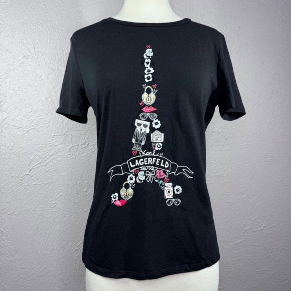 y2k‎ Women Small Black Karl Lagerfeld Graphic Embellished Tee Paris Eiffel Tower